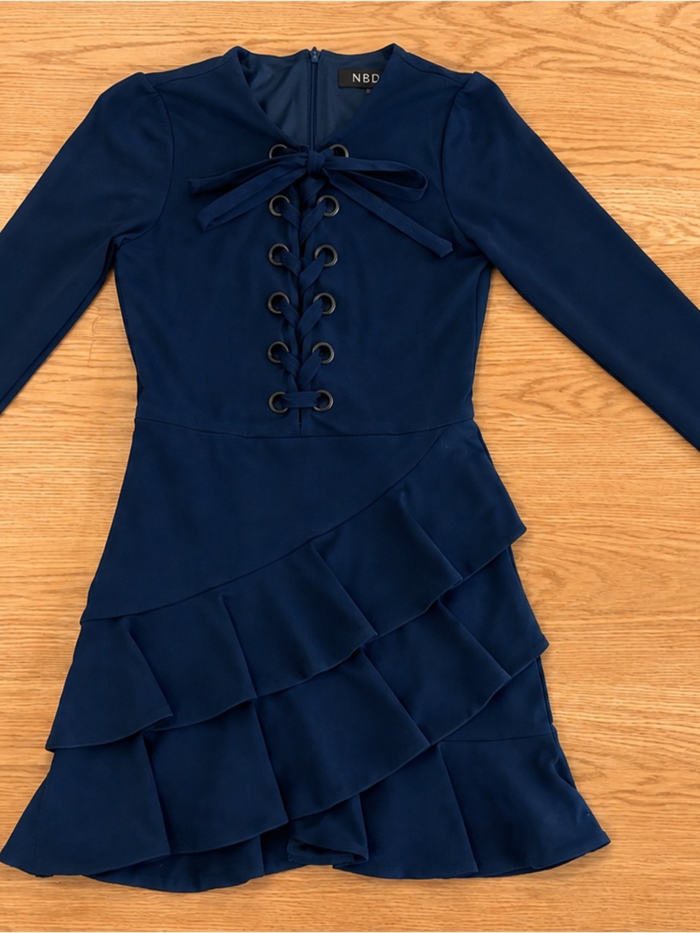 NBD Blue Long Sleeve Lace-Up Ruffle Mini Dress, Women's Size S Short